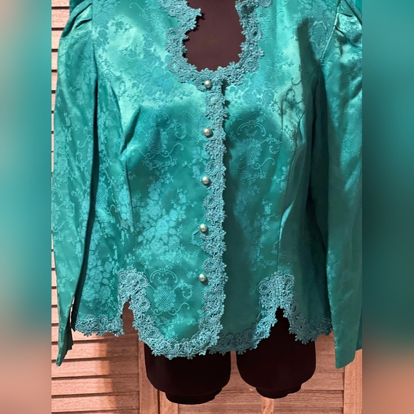 Vintage 80s Brocade Floral Embroidered Skirt Set Suit Pearl Dress Jacket Blazer - Picture 5 of 16